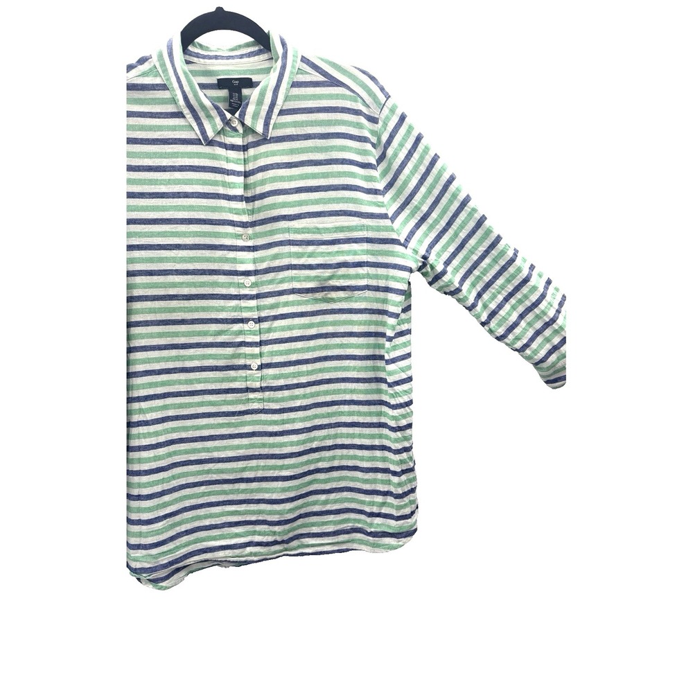Gap Stripe Linen Cotton Tunic Roll Tab Top XL Cottage Coastal Beachy Nautical